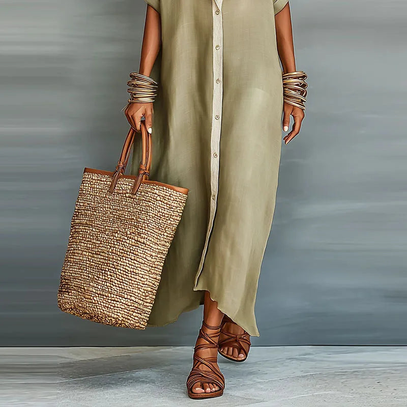 Linen Blend Collared Button-Front Maxi Shirt Dress