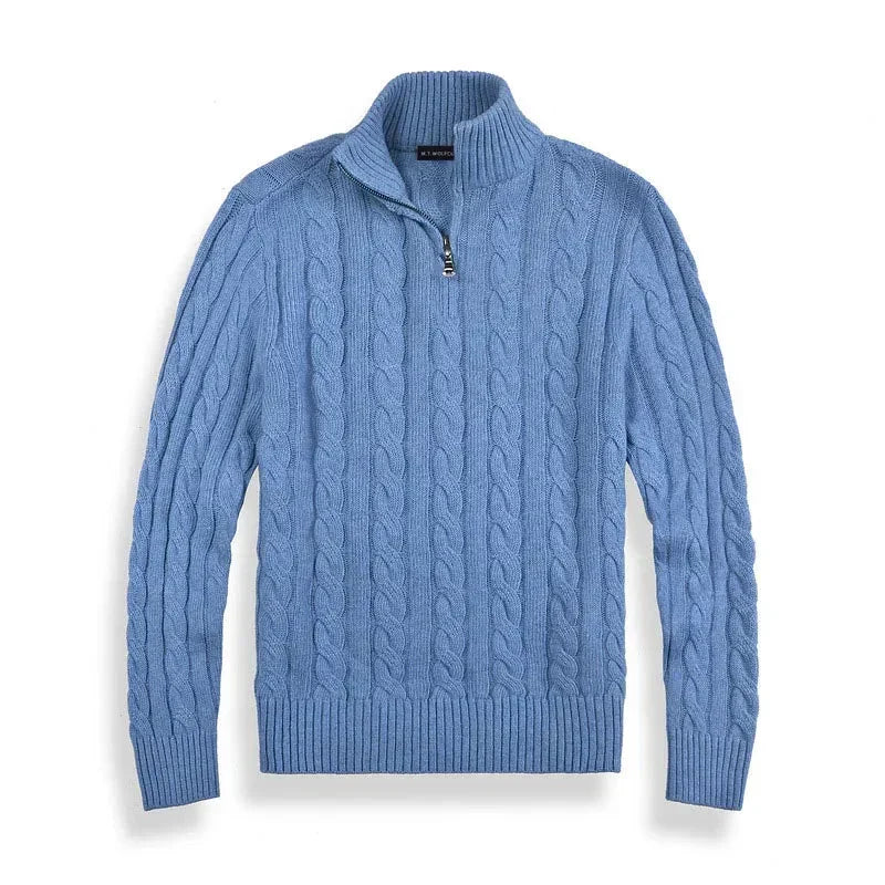 Men's cable knit half-zip mock neck sweater with long sleeves and ribbed trims