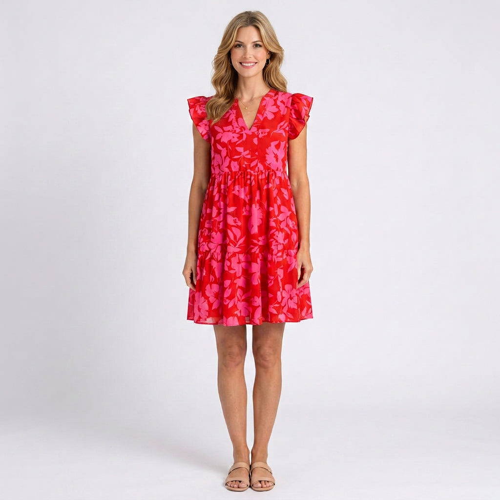 Floral Mini Dress – Flutter Sleeve V-Neck Style