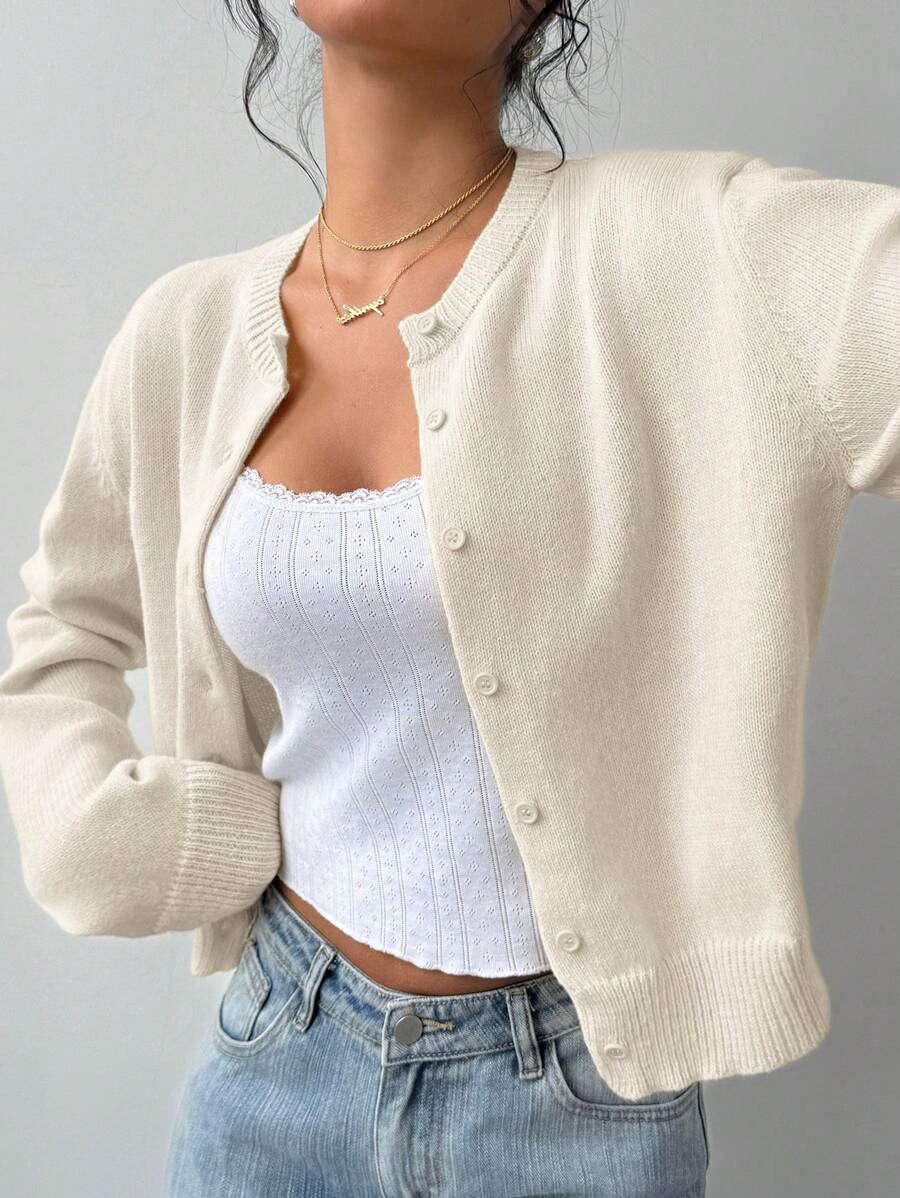Women's Cropped Round Neck Button-Up Cardigan