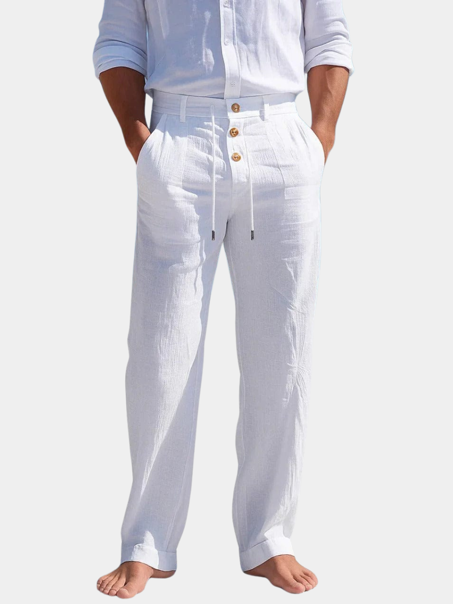 Straight Leg Linen Trousers with Button Drawstring Waist
