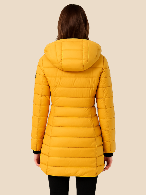 Women's hooded navy quilted longline puffer coat with zip front and angled zip pockets