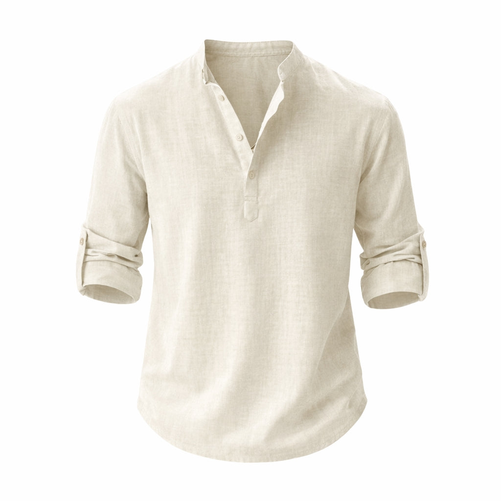Chemise Henley en lin à manches longues avec col officier