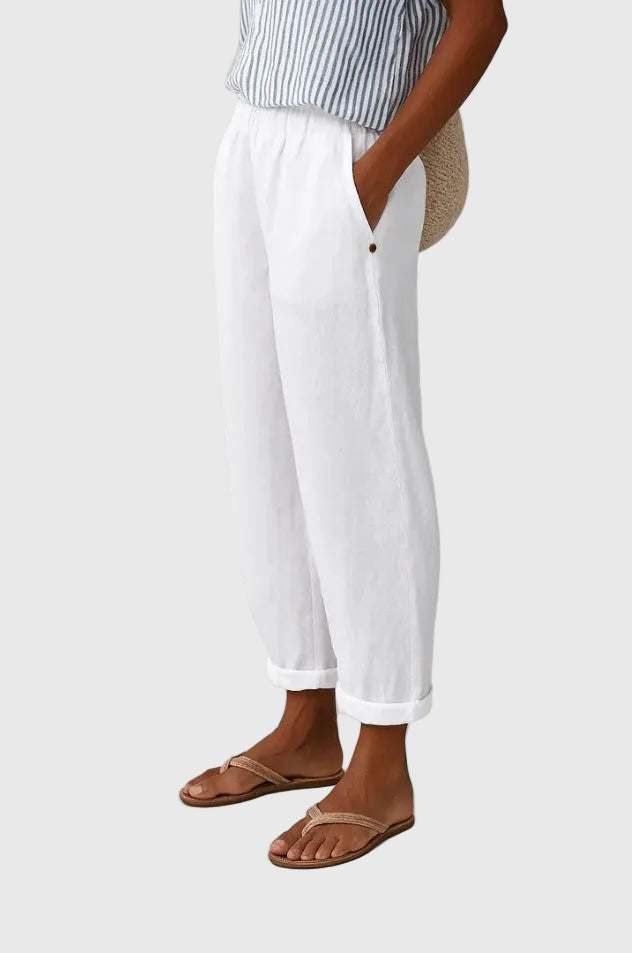 Relaxed Tapered Linen Trousers with Turn-Up Hem