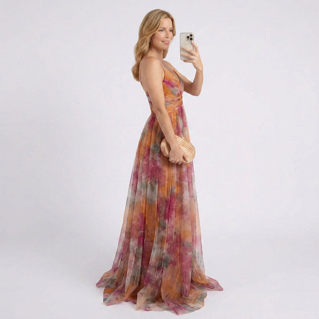 Floral Maxi Dress Women’s Strappy Pleated Occasion Dress