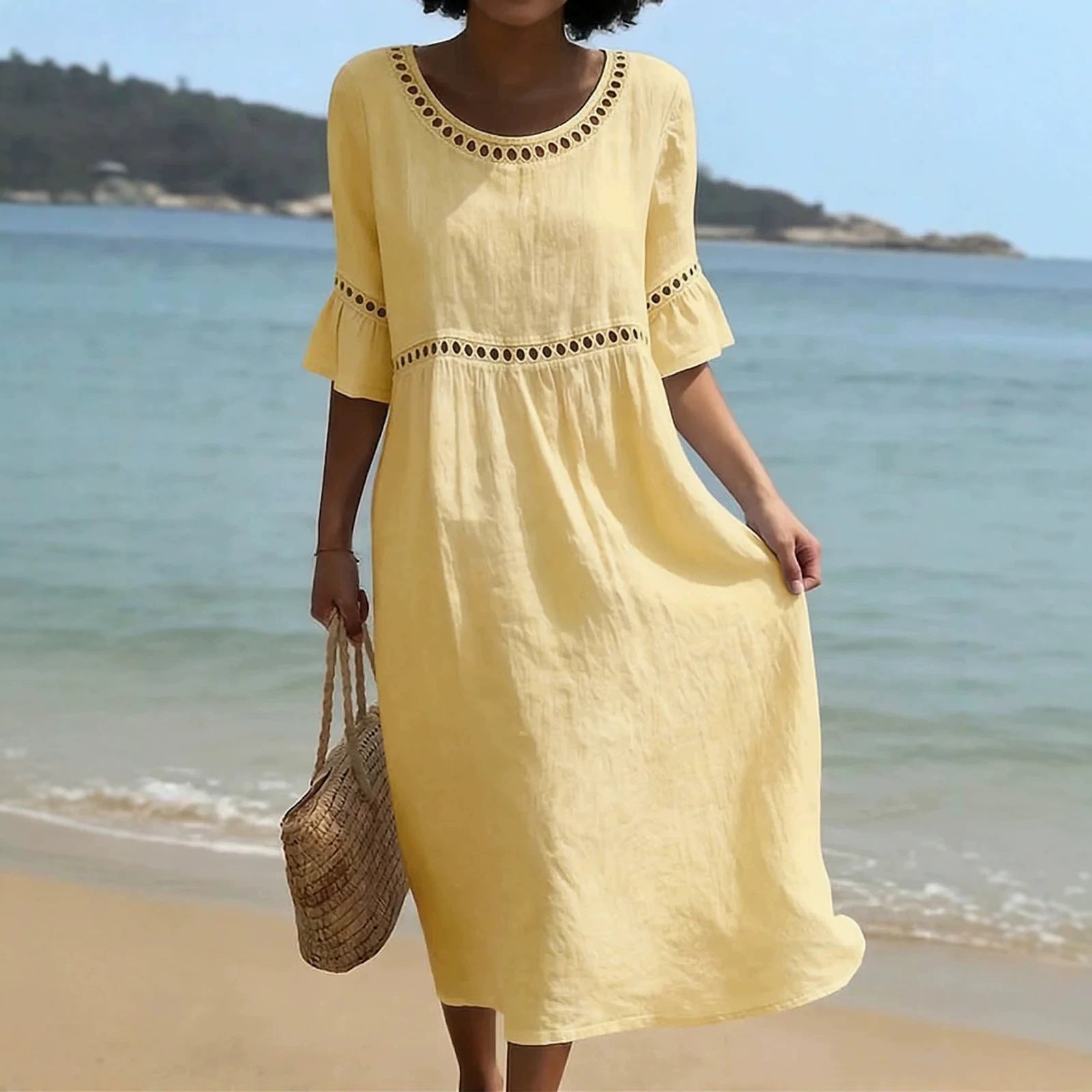 Linen Midi Dress with Hollow Out Trim and Flared Sleeves