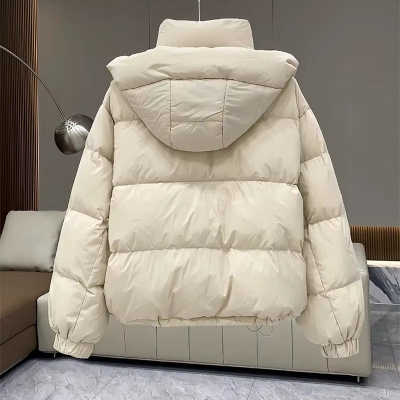 Women's cropped quilted puffer jacket with hood, long sleeves and zip front