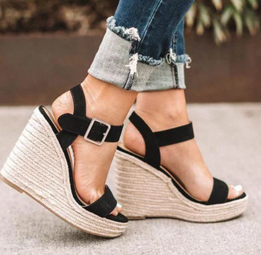 Espadrille Wedge Sandals with Ankle Strap Buckle