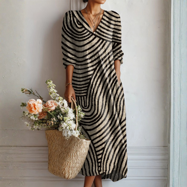 Wave Print Wrap Neck Long Sleeve Maxi Dress