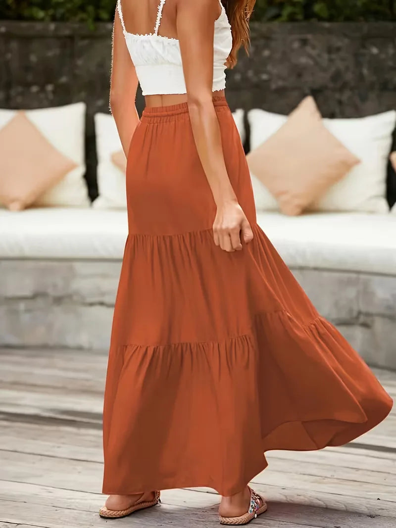 Tiered Maxi Skirt with Drawstring Tie Waist