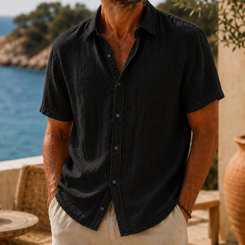 Short Sleeve Cotton Linen Shirt with Classic Collar