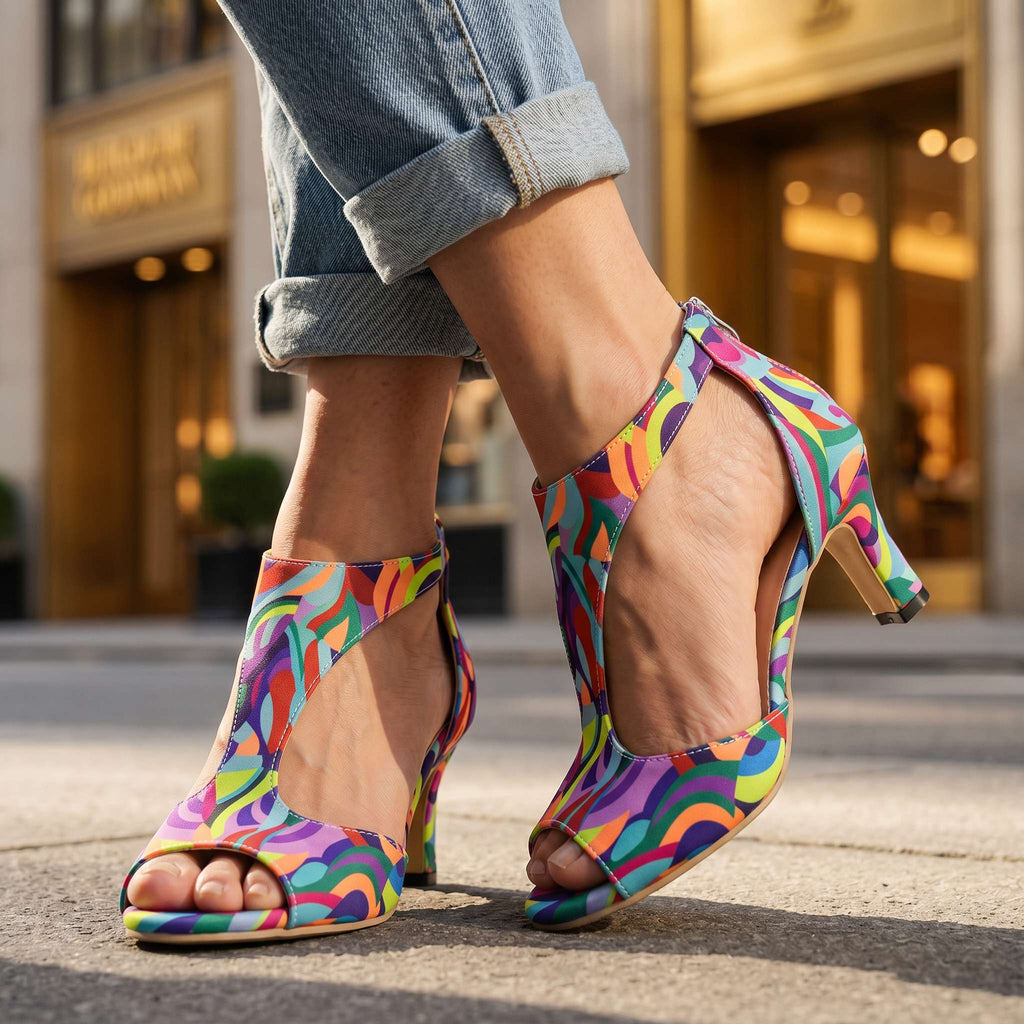 Abstract Print T-Strap Peep Toe Heeled Sandals