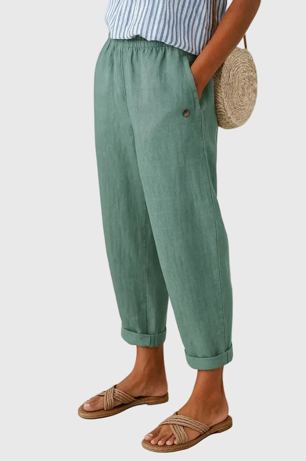Relaxed Tapered Linen Trousers with Turn-Up Hem