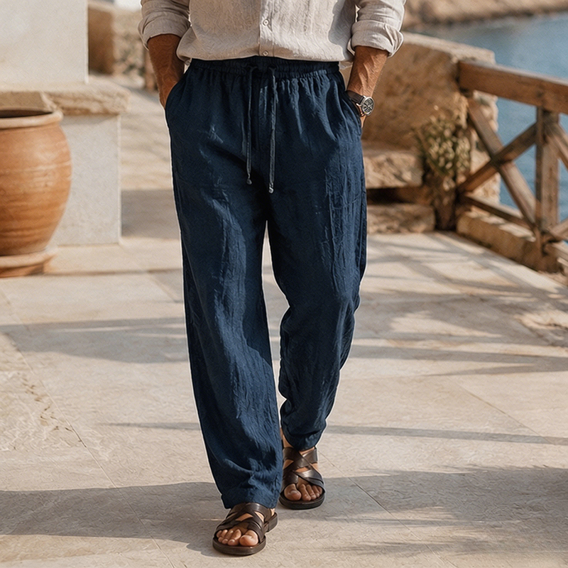 Loose Fit Lightweight Linen Beach Trousers with Drawstring Waist