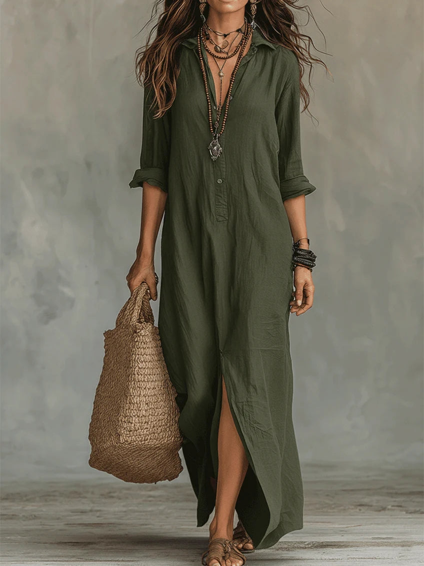 Robe-chemise longue fendue à col, boutonnée sur le devant