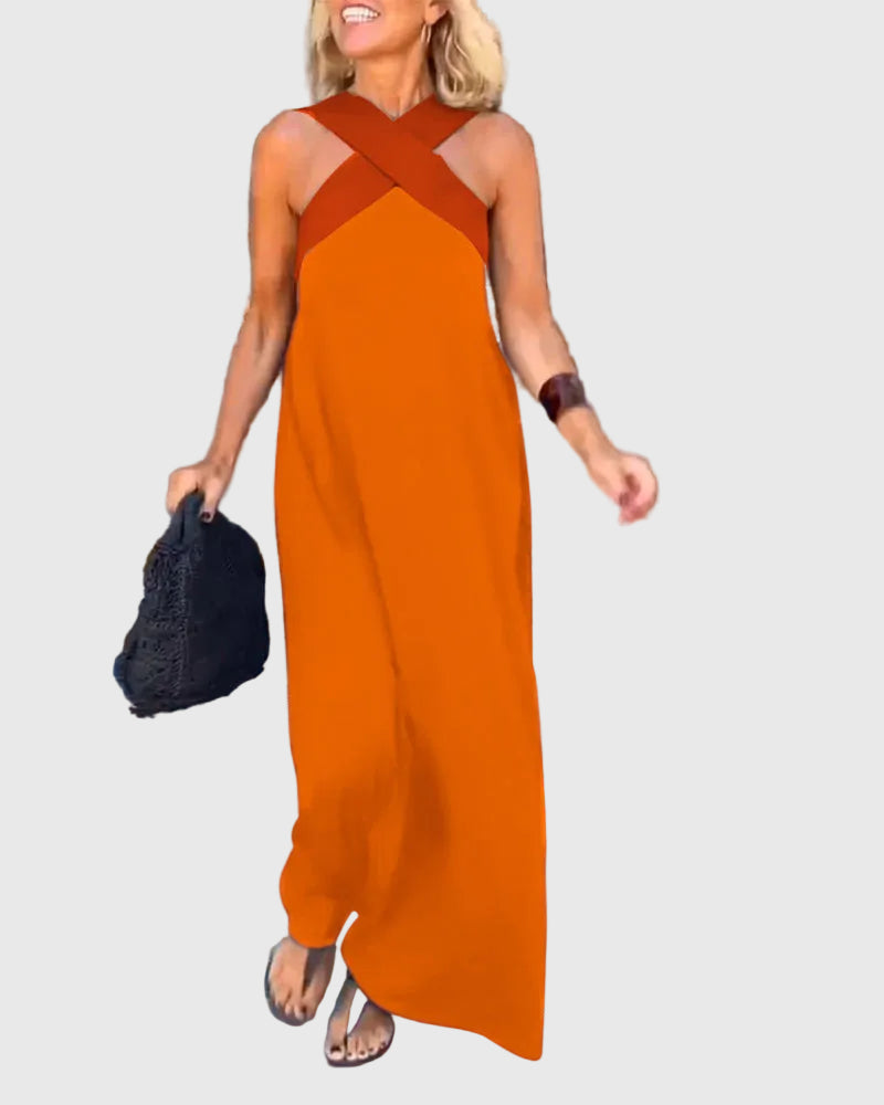 Criss Cross Halter Neck Contrast Maxi Dress