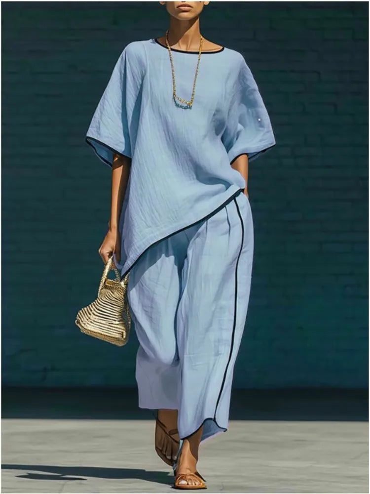 Contrast Piping Oversized Top and Wide Leg Pants Set