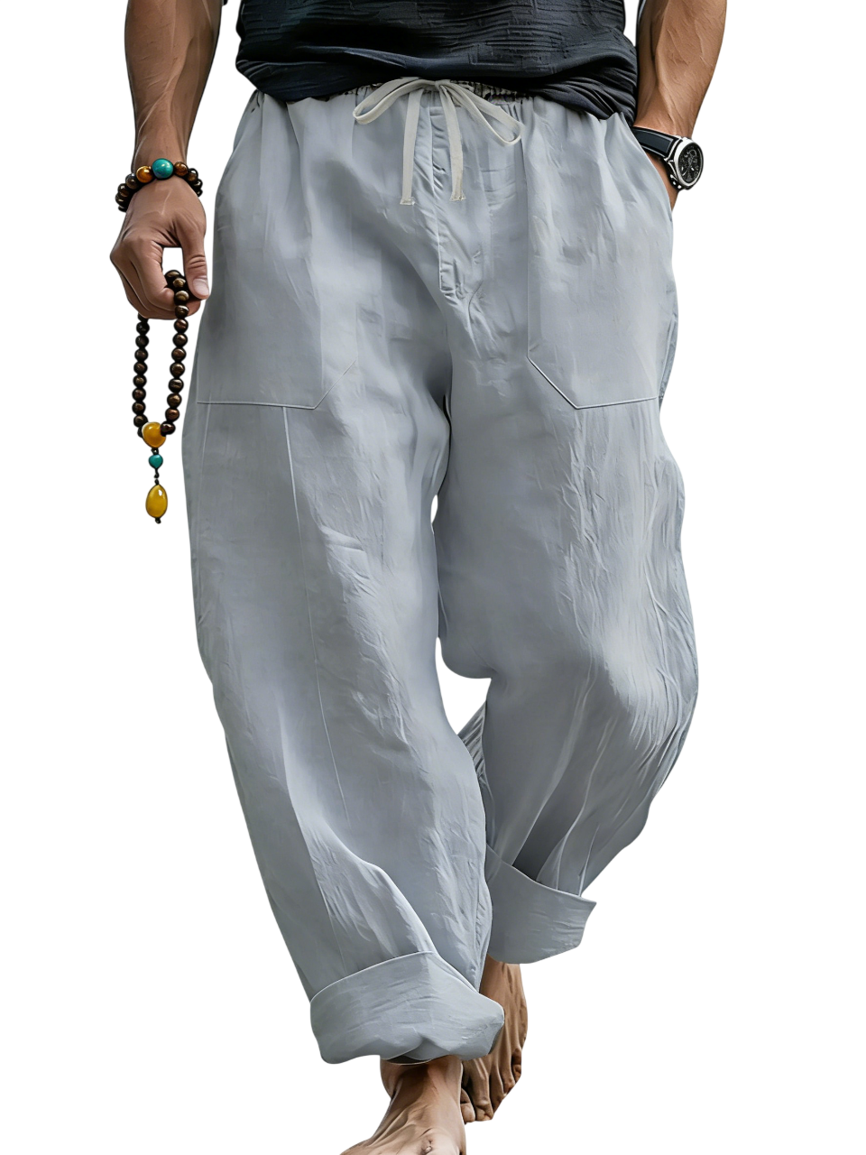 Loose Linen Blend Drawstring Trousers with Turn-Up Hem