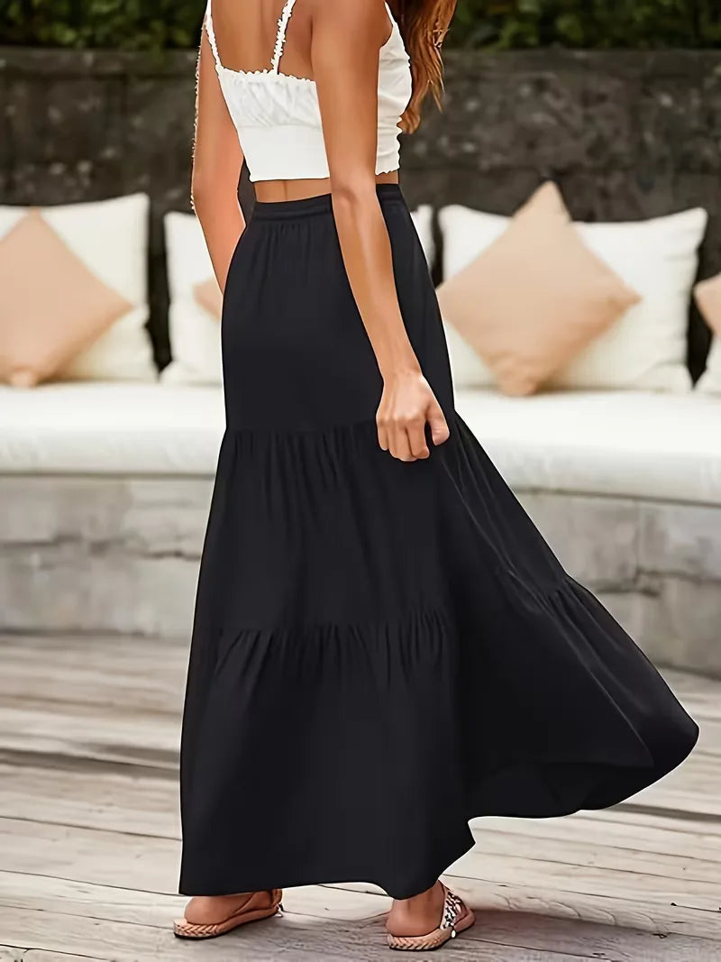 Tiered Maxi Skirt with Drawstring Tie Waist
