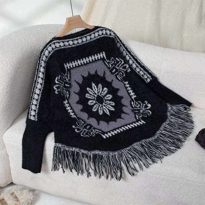 Women's Boho Jacquard Fringe Trim Knit Poncho Jumper