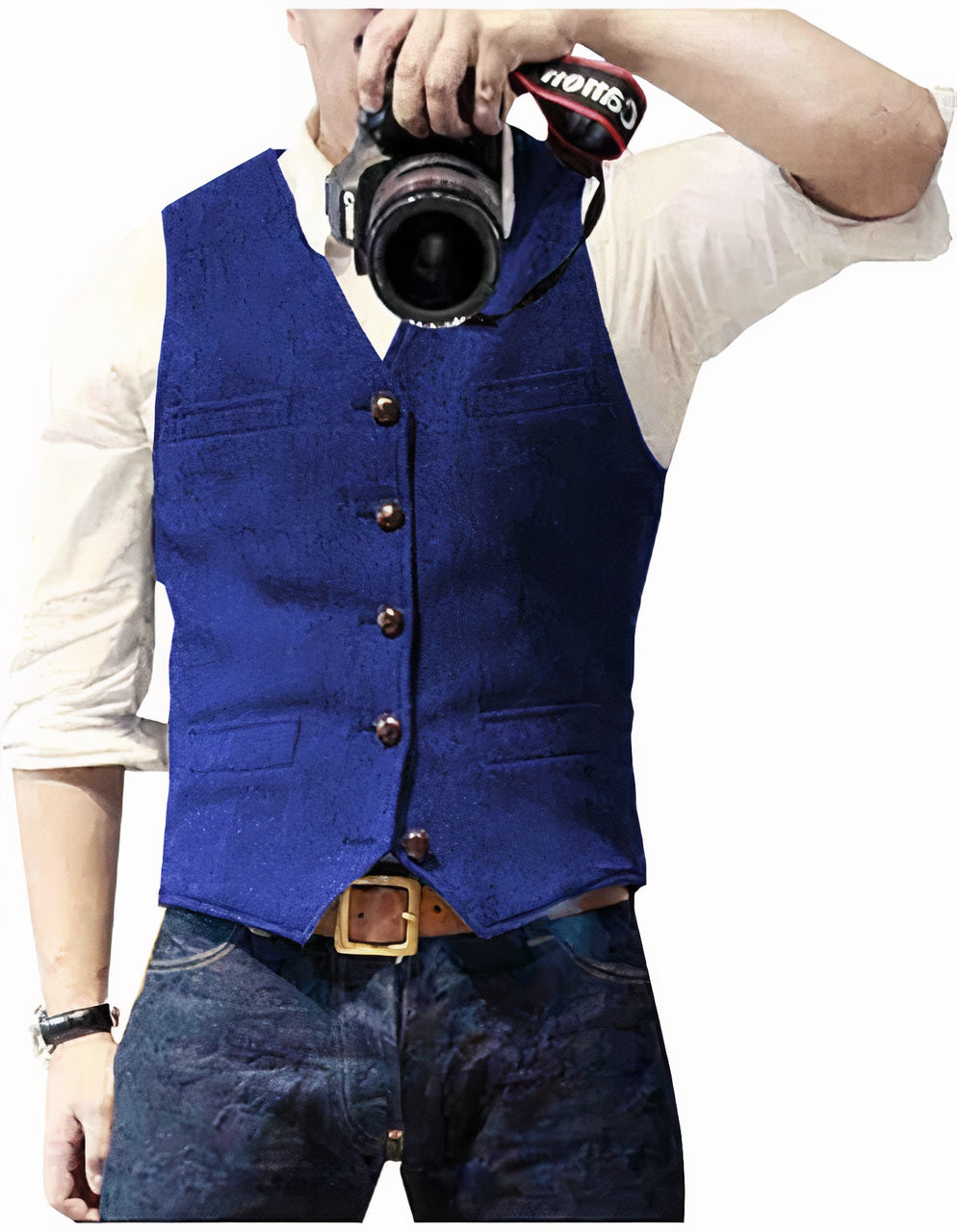 Vintage Denim Waistcoat with V-Neck and Button Front