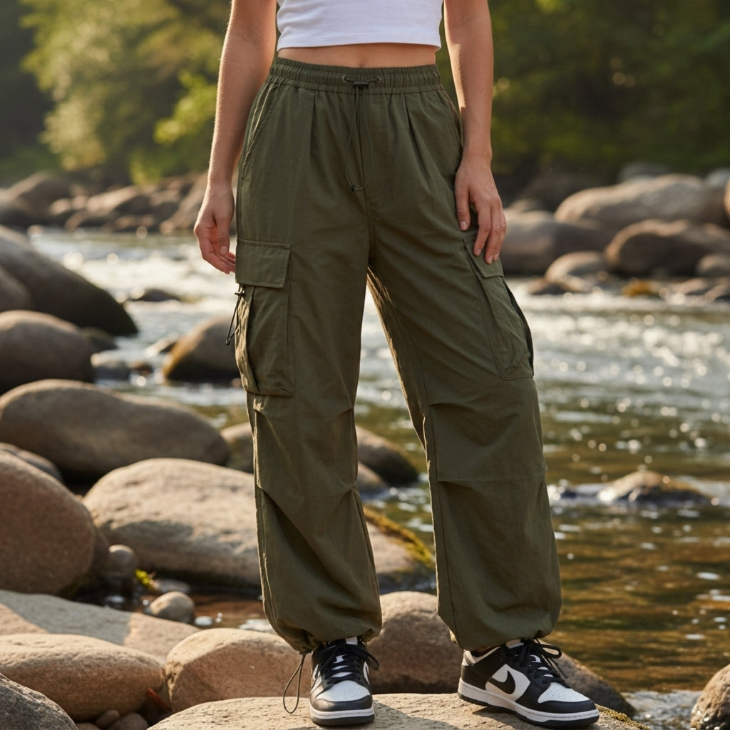 Drawstring Cargo Parachute Pants with Cinched Ankle