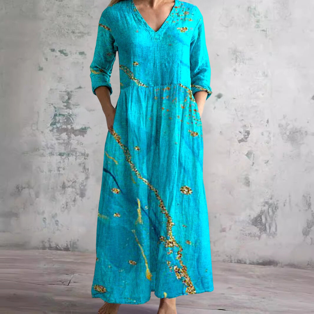 Robe longue à col en V avec imprimé floral botanique et poches