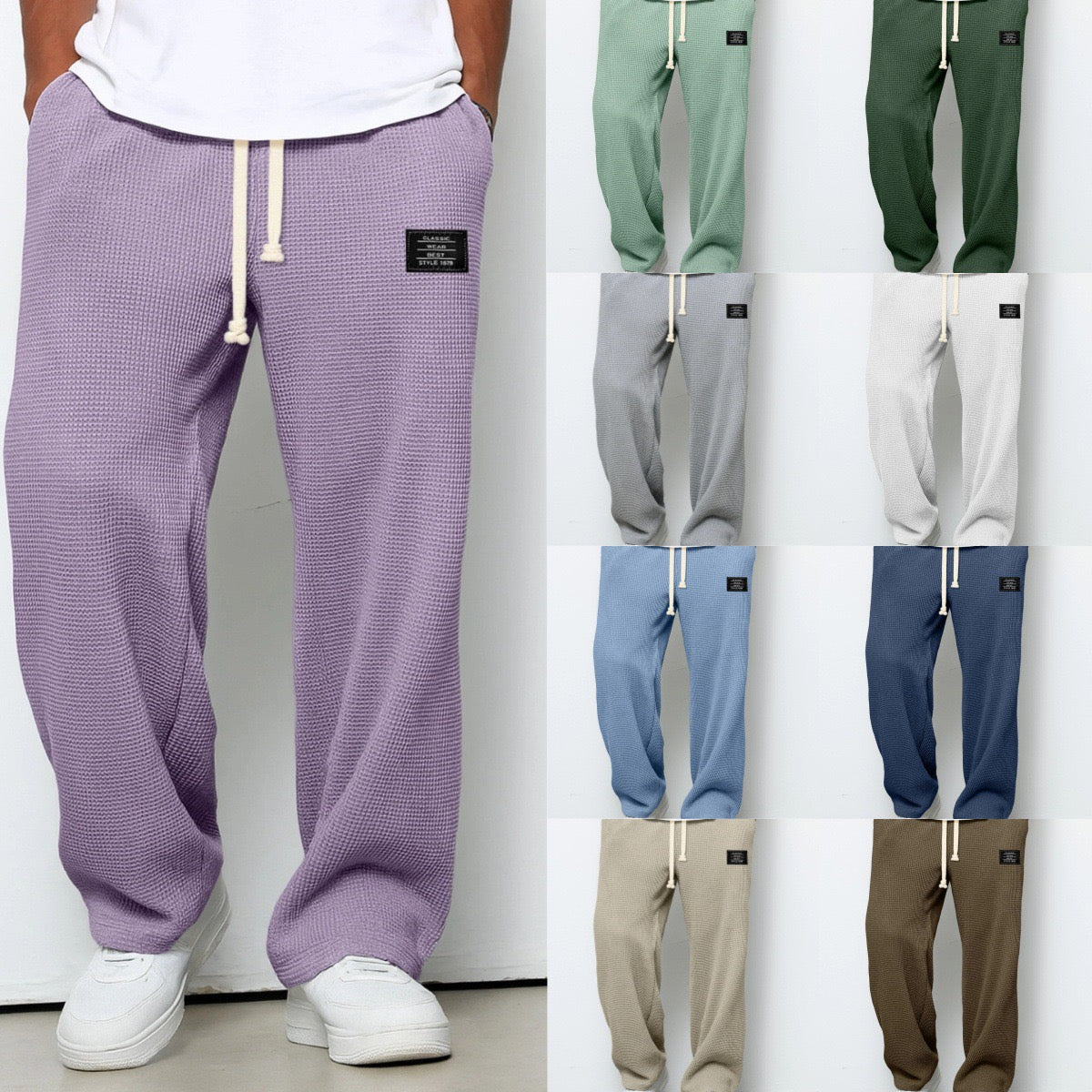Waffle Knit Wide Leg Sweatpants with Drawstring Waist