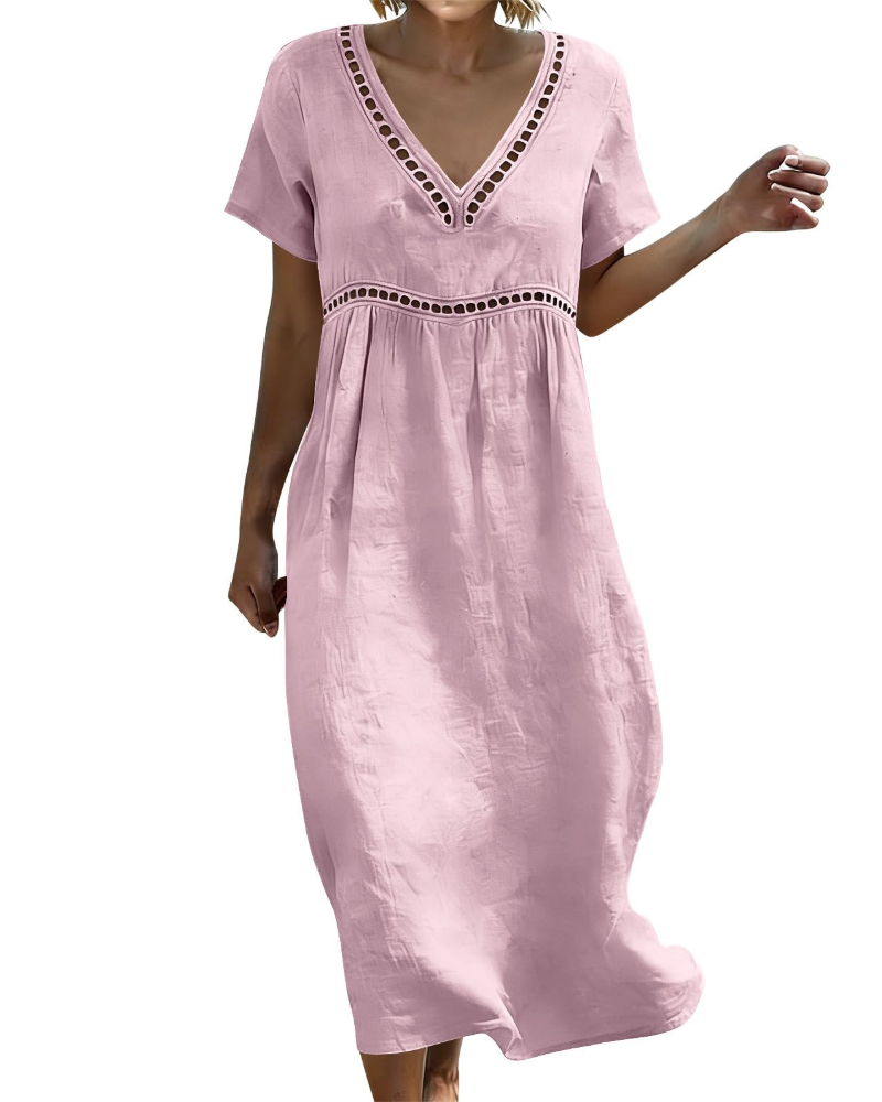 Linen Midi Dress with Hollow Out Trim and Flared Sleeves