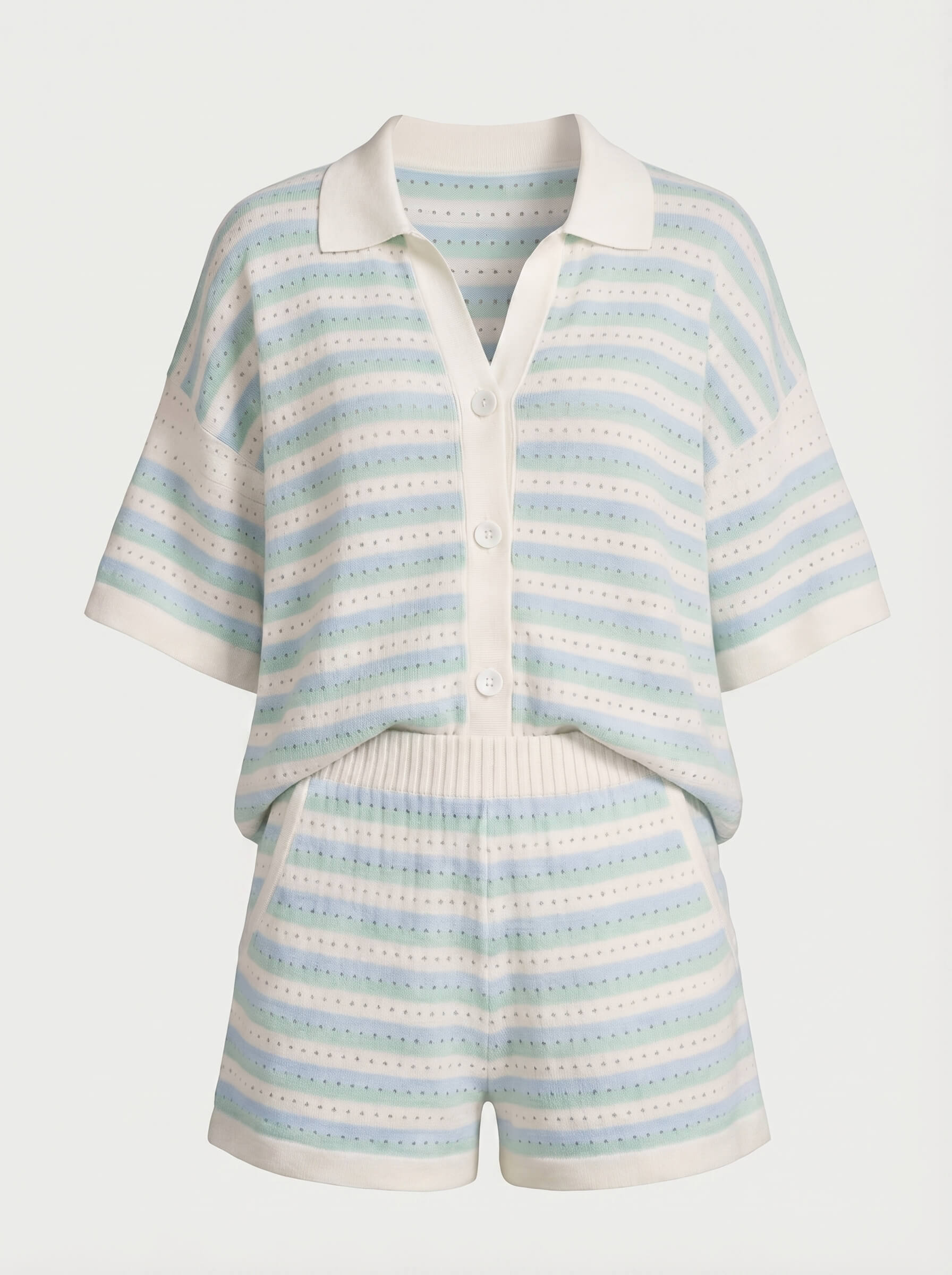 Striped Knit Collared Polo and Shorts Set