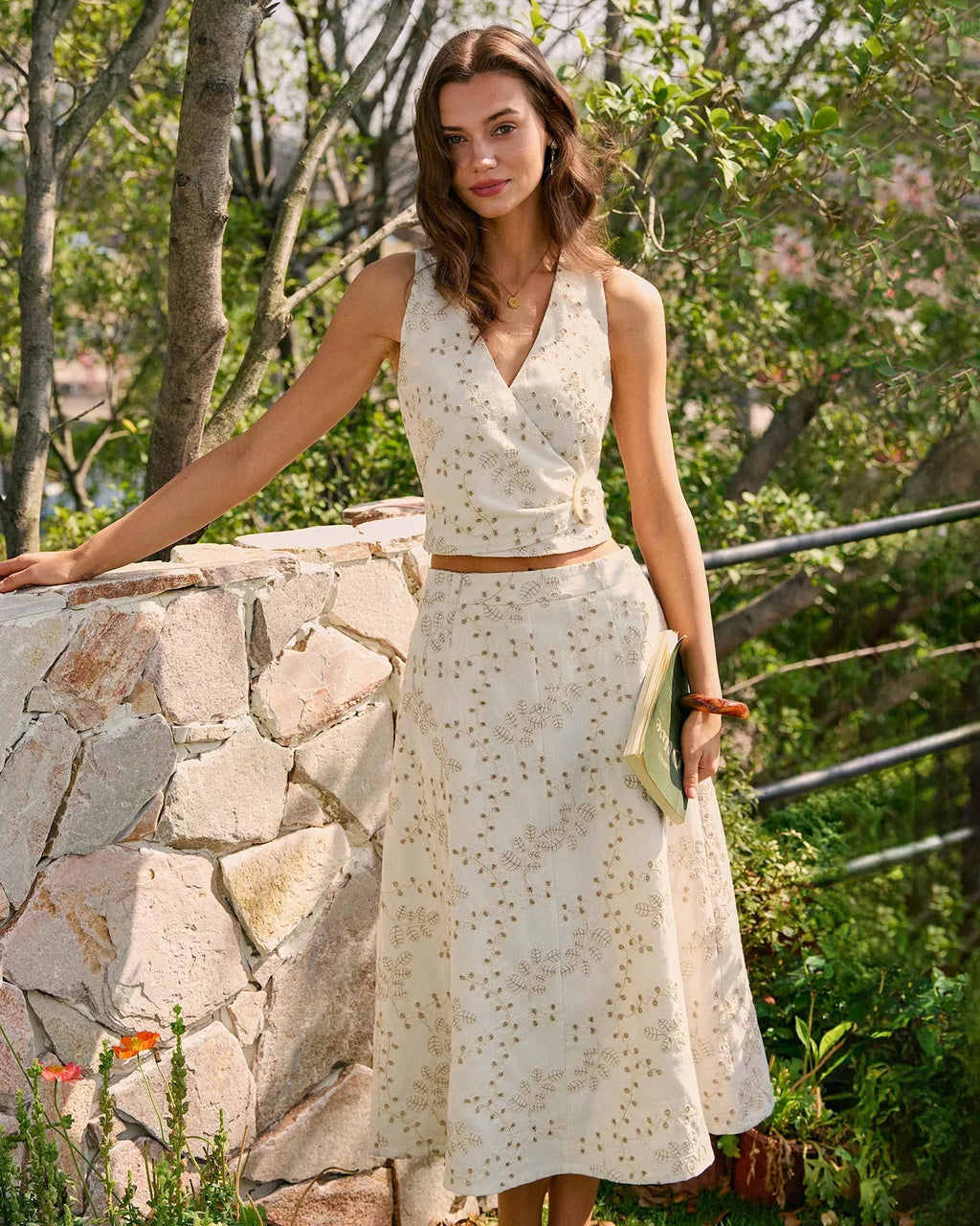 Embroidered A-Line Midi Skirt with Floral Detail