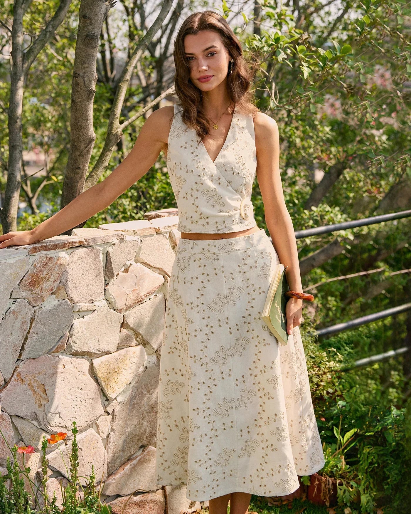 Embroidered A-Line Midi Skirt with Floral Detail