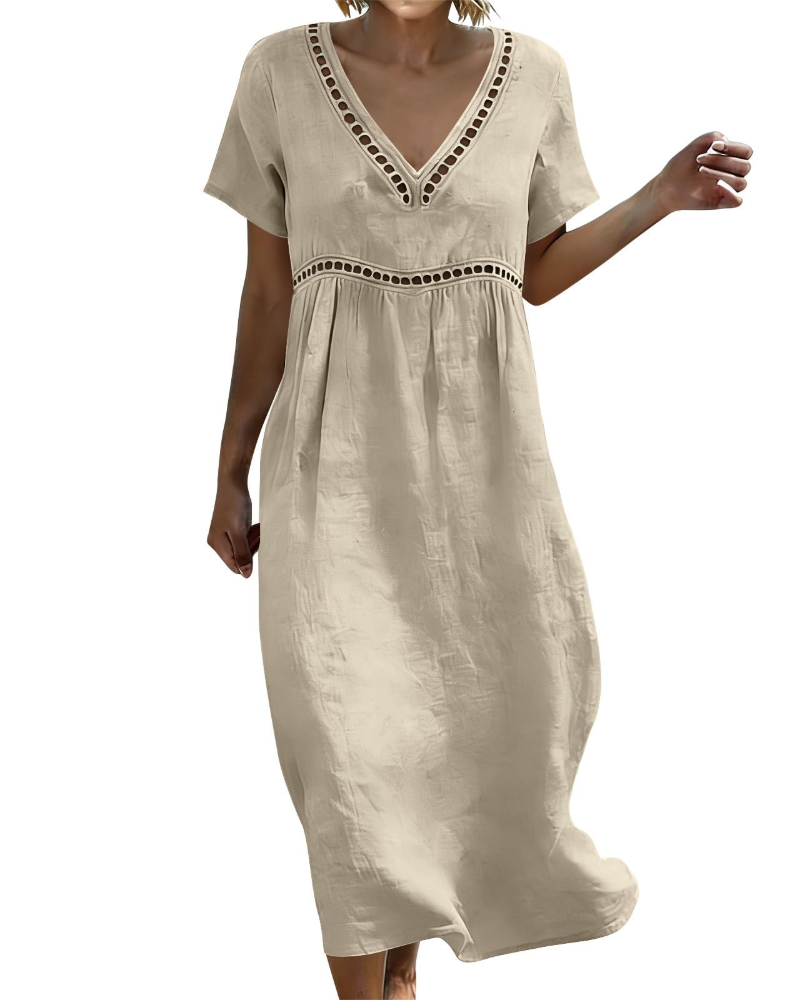 Linen Midi Dress with Hollow Out Trim and Flared Sleeves