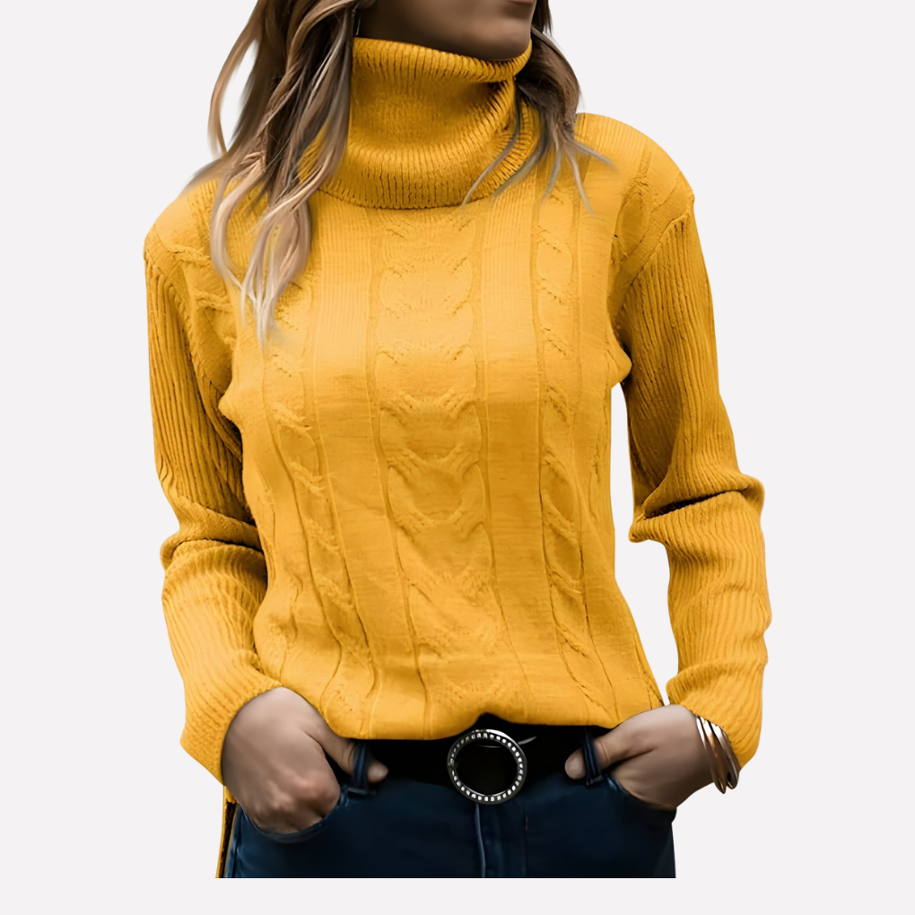Women's slim fit cable knit turtleneck jumper with long sleeves