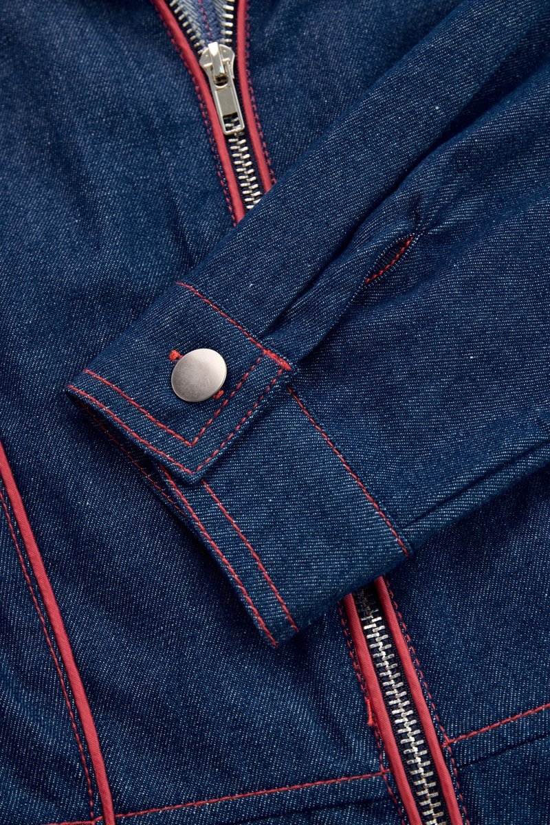 Denim Wide Leg Jumpsuit with Contrast Stitch Front Zip