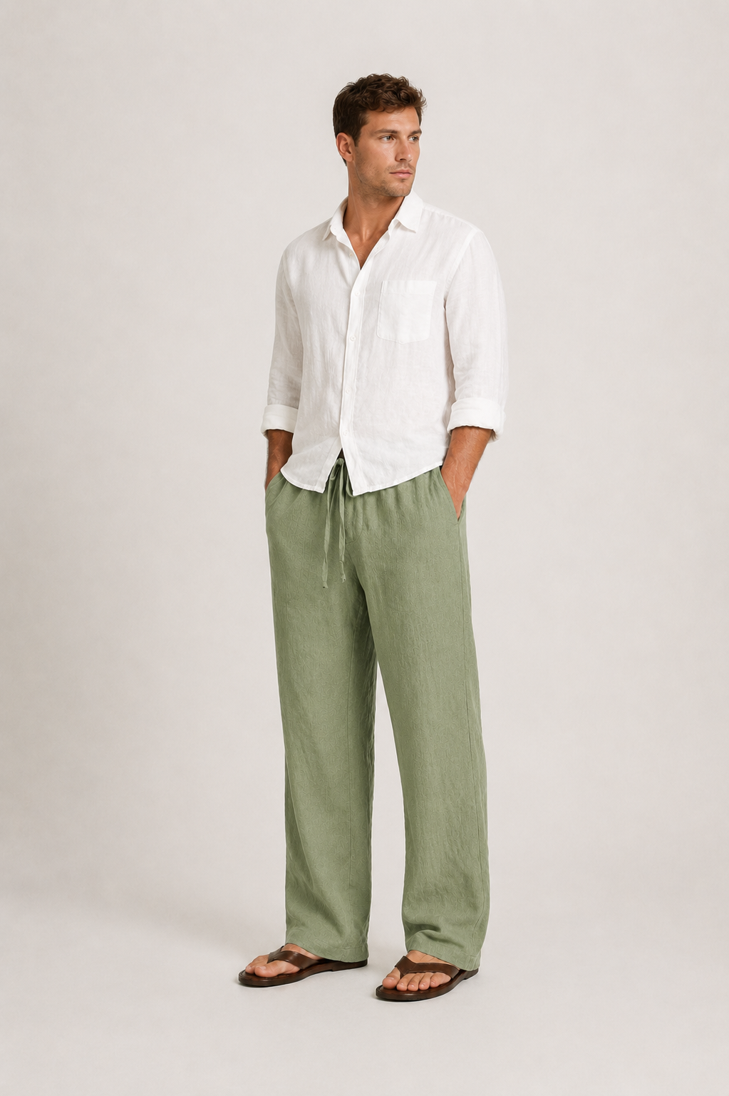 Relaxed Fit Textured Linen Trousers with Drawstring Waist