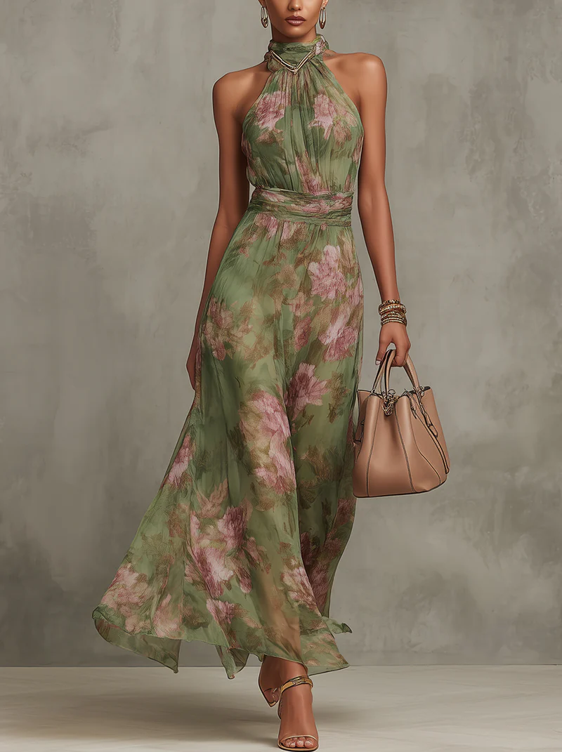 Floral Print Halter Neck Maxi Dress