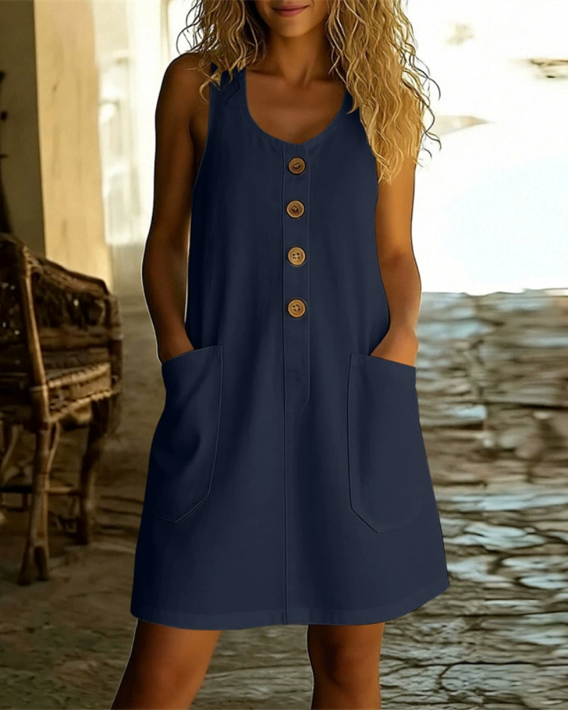 Button-Front Sleeveless A-Line Dress with Pockets