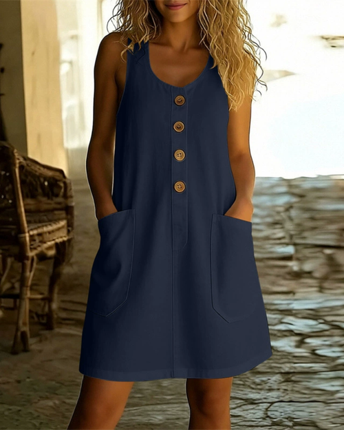Robe trapèze sans manches boutonnée sur le devant, avec poches