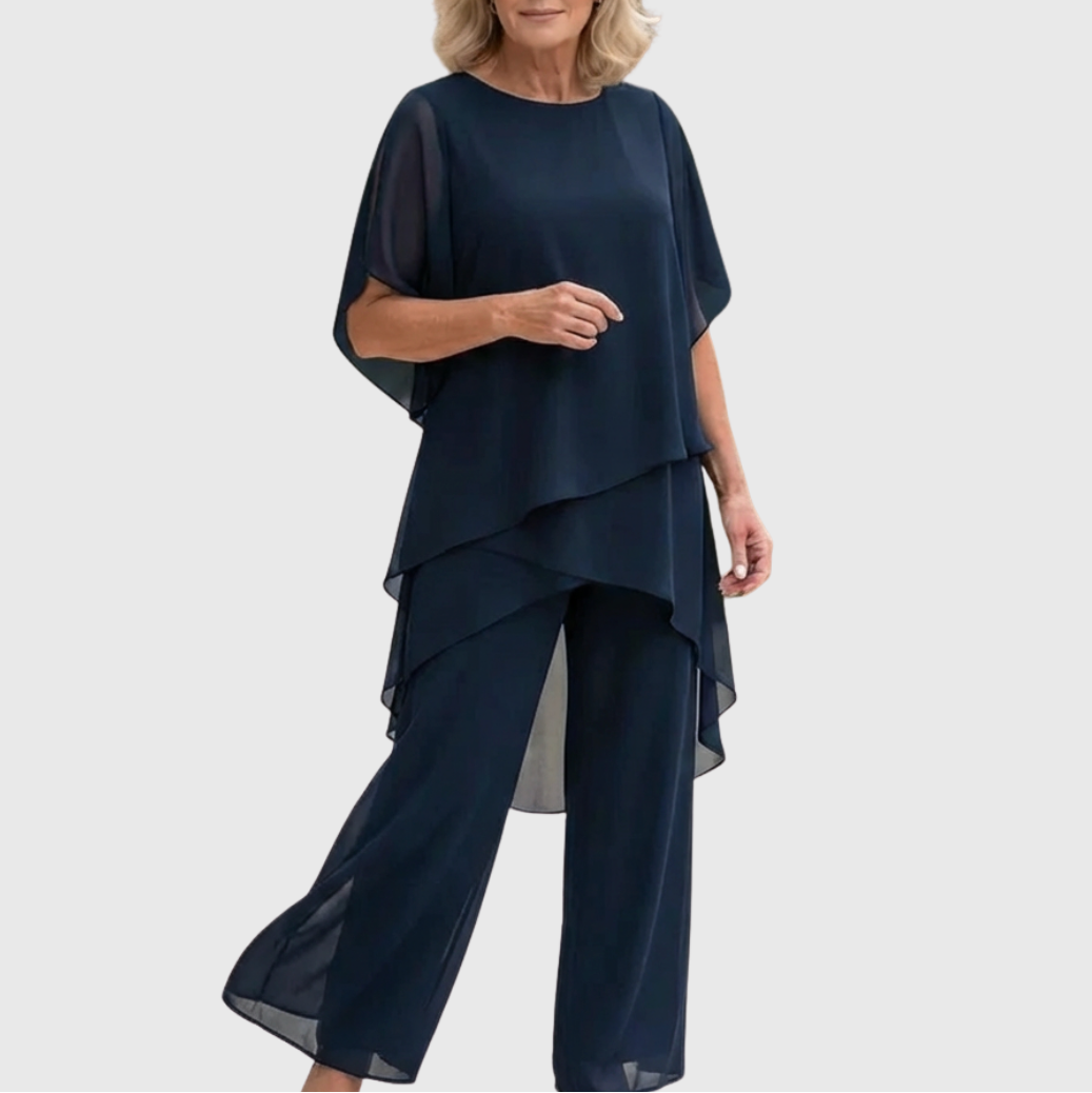 Tiered Chiffon Cape Sleeve Top &amp; Trouser Set