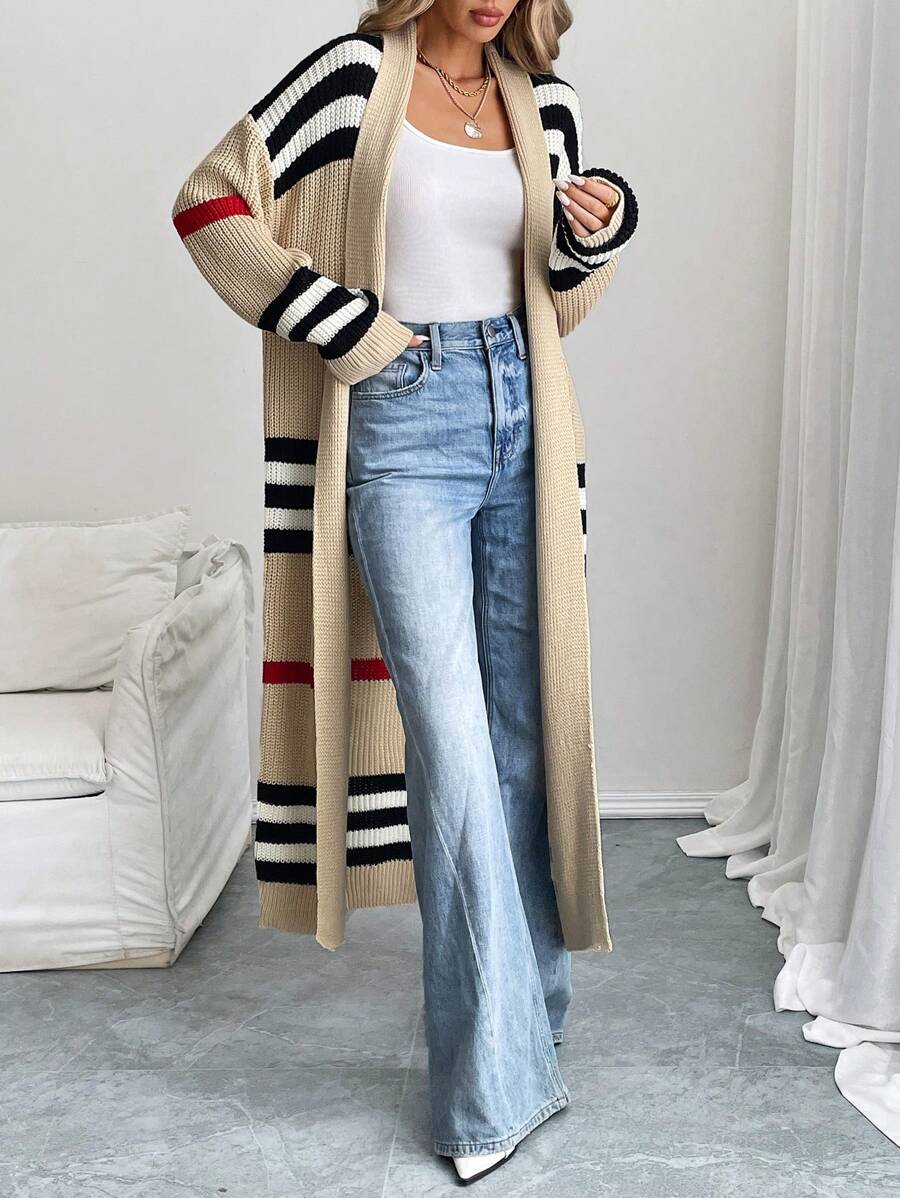 Women's Striped Colour Block Open Front Maxi Cardigan