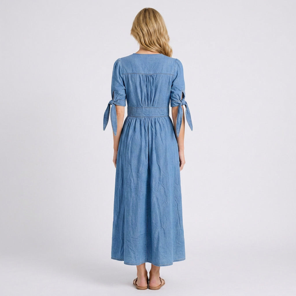 Maxi Dress – Button Front Tie Sleeve Casual Style