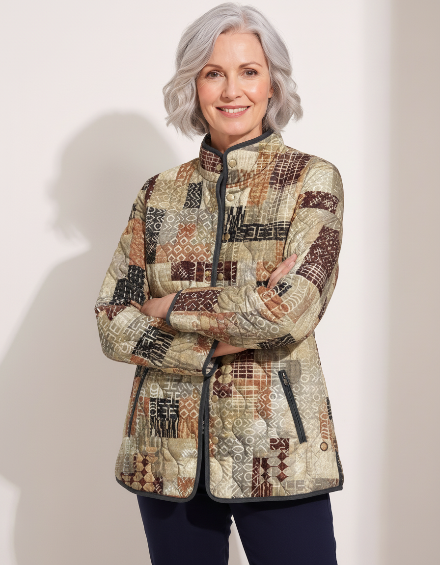 Veste matelassée pour femme à imprimé patchwork géométrique et boutons-pression