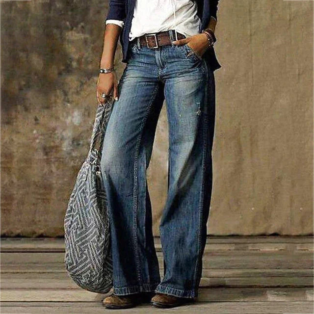 Women's Wide Leg Low-Rise Jeans with Faded Wash