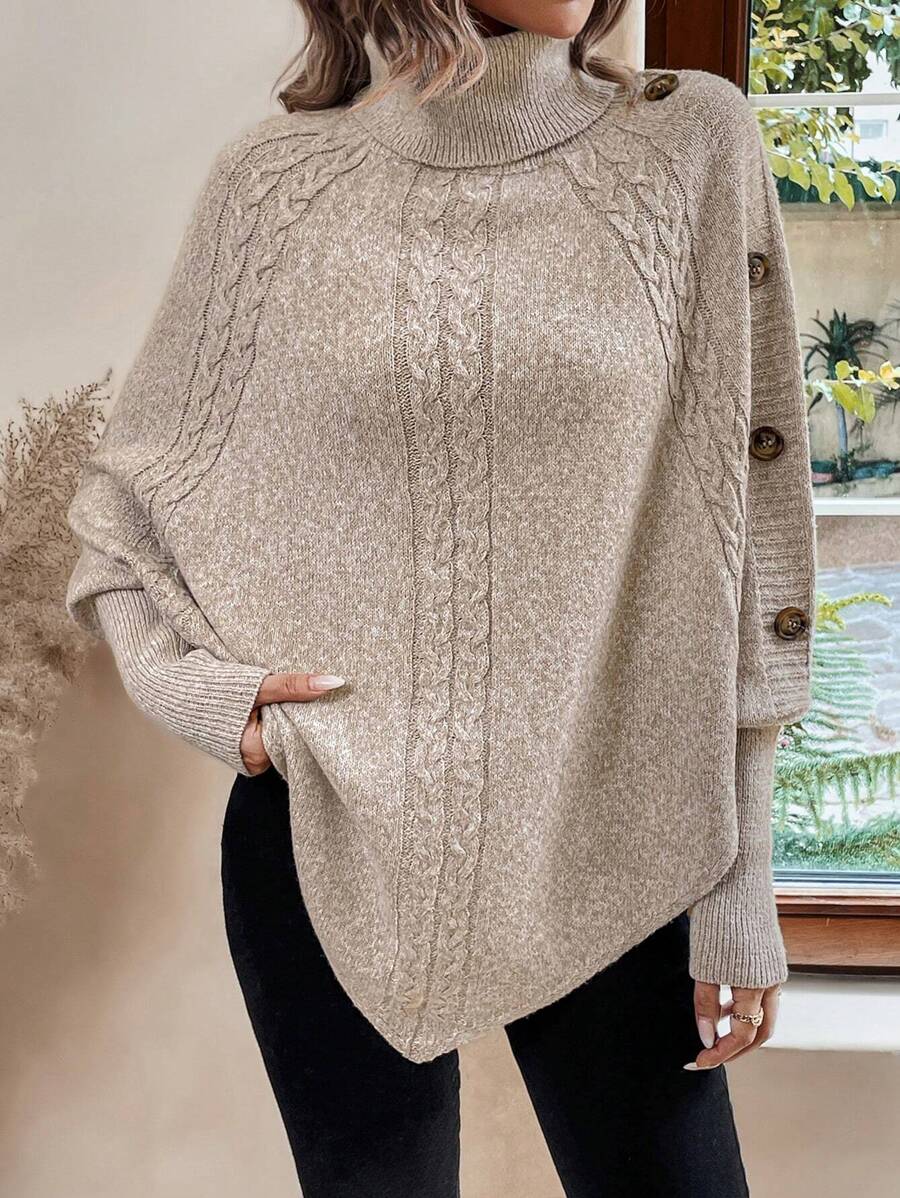Women's Cable Knit Turtleneck Poncho Sweater