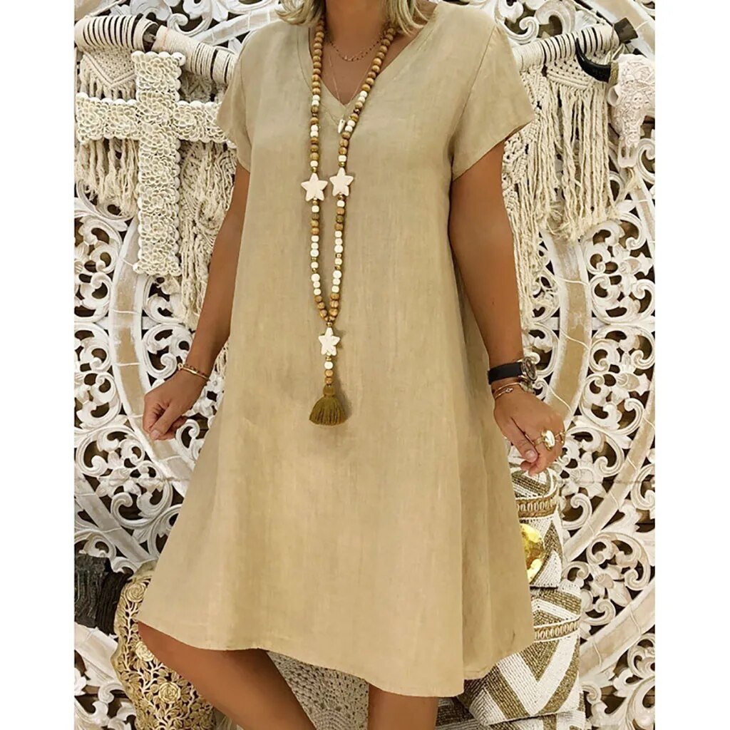 V-Neck Linen Shift Dress with Short Sleeves