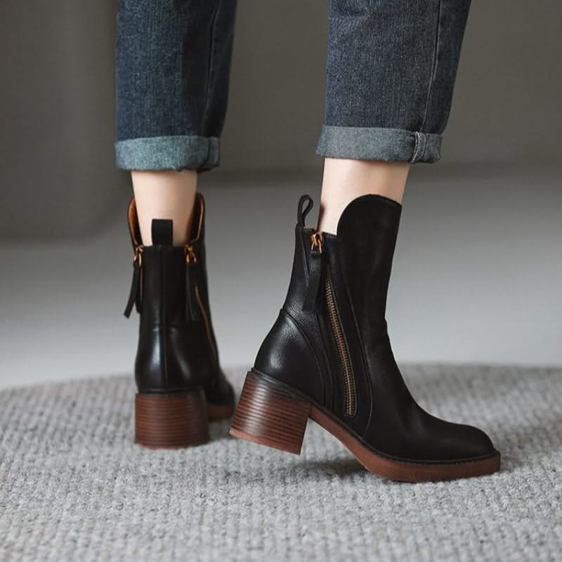 Women's Zip-Up Block Heel Ankle Boots with Tassel