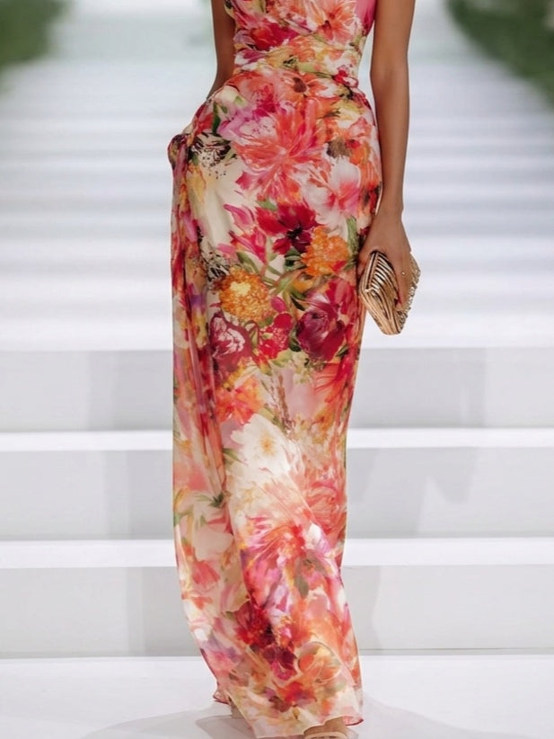 Robe longue drapée à imprimé floral et à encolure dos nu