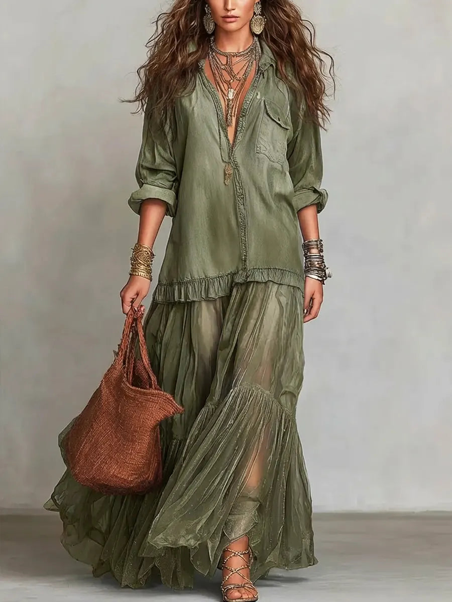 Women's Denim Bodice Sheer Tiered Maxi Dress