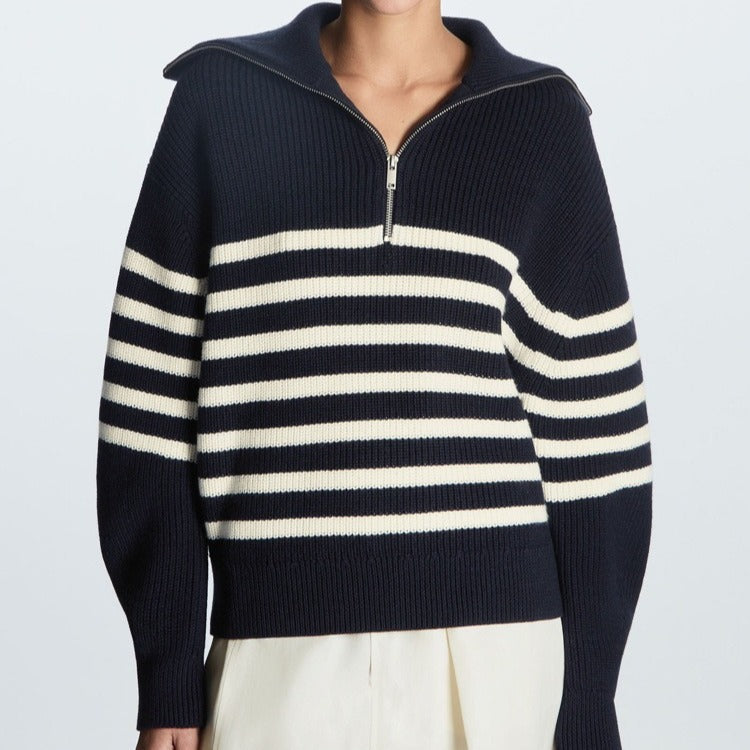 Women's Striped Half-Zip Ribbed Collar Knit Sweater